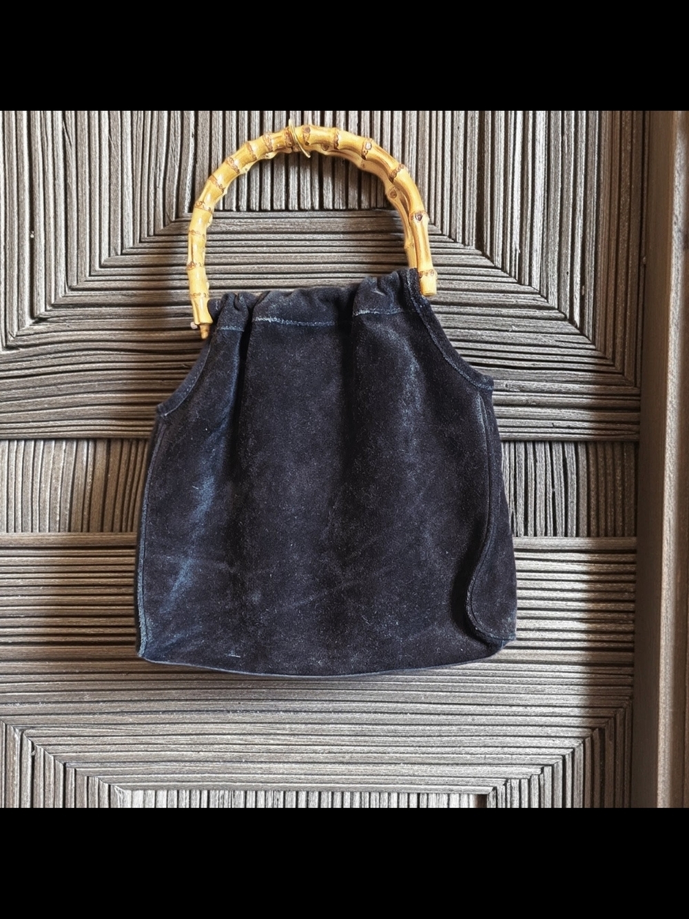 643. Vintage Talbots Black Suede Handbag with Bamboo Handle